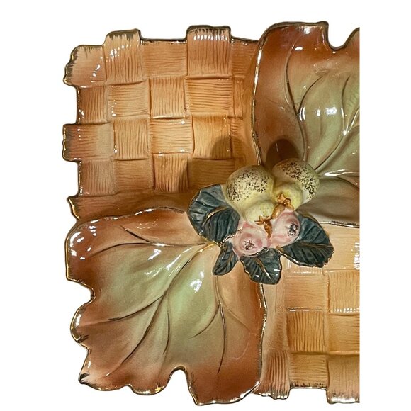 Vintage Majolica Porcelain Oak Leave Basketweave Divided Fruit Dish Square Peach - Picture 2 of 6